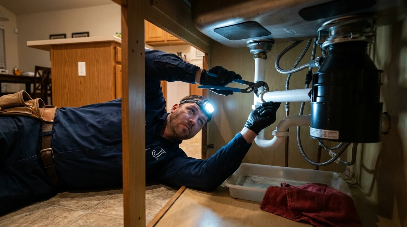 P-trap and supply line connections under a kitchen sink showing a common leak point in Winnemucca, NV